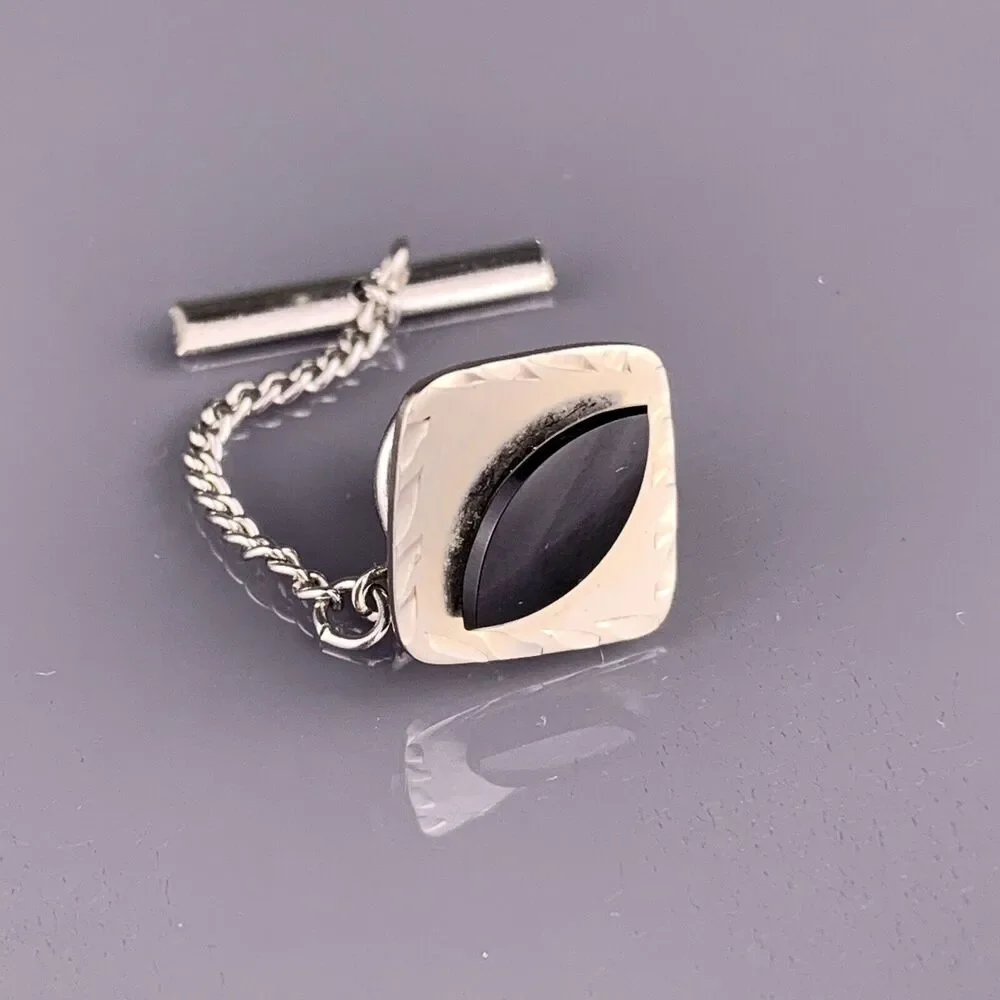 Black Obsidian Sterling Silver Tie Tack Pin Square Simple Carved Vintage
